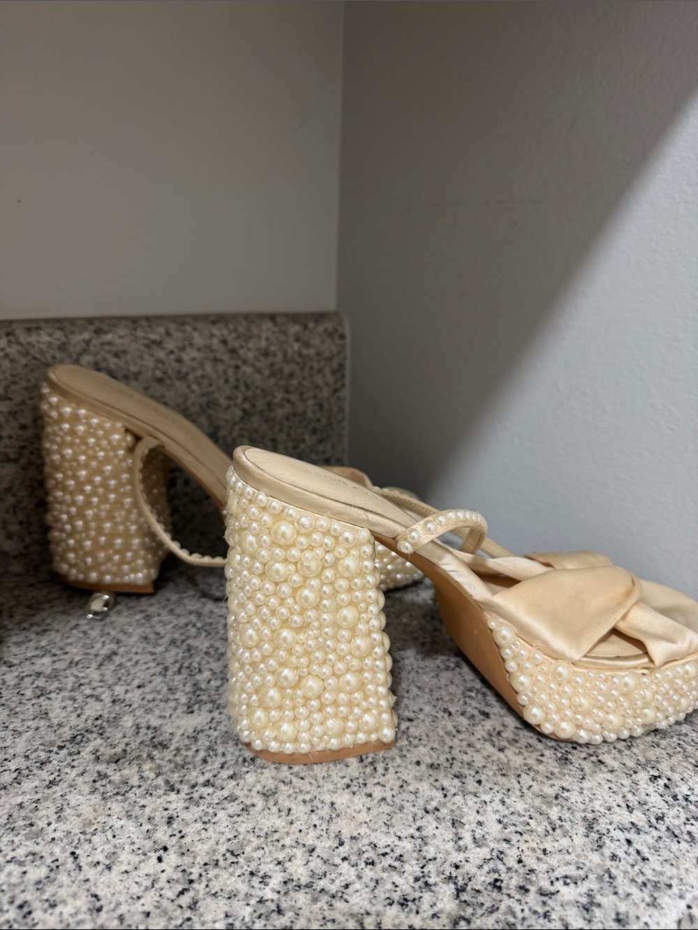 Princess Polly Pearl-Embellished Cream Platform Sandals